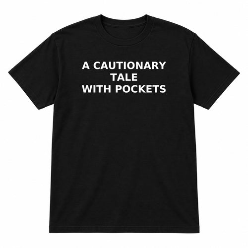 A CAUTIONARY TALE WITH POCKETS on a black tee